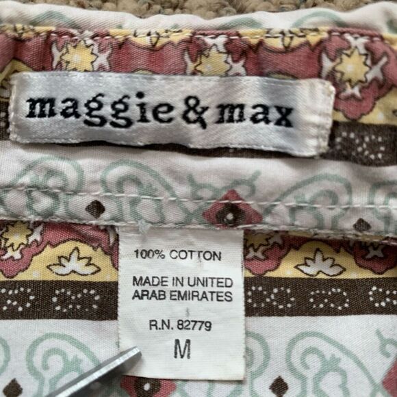 Vintage Maggie & Max White Brown Floral Button Front Long Sleeve Collared Boho - Picture 8 of 9